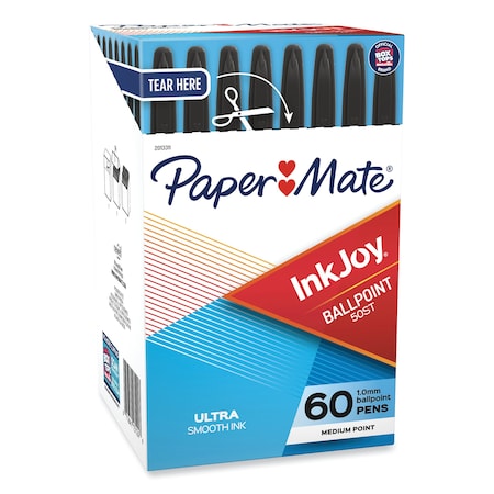 Paper Mate InkJoy 50ST Stick Ballpoint Pen, 1mm, Black, White/Black Barrel, PK60 2013311